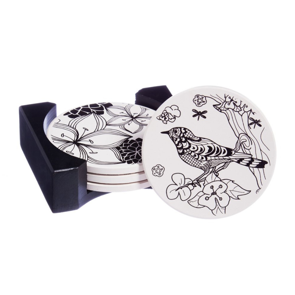 Black Ink Botanical Coloring Book Inspired Ceramic Coaster Set With Caddy NEW